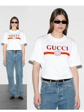 GUCCI T-SHIRT WHITE COTTON VINTAGE LOGO PRINT SHORT SLEEVE TOP  sz M MEDIUM